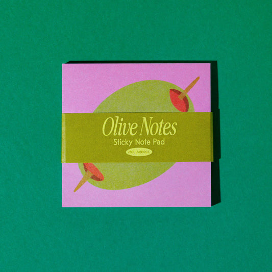 Olive Notes sticky note pad on a green background