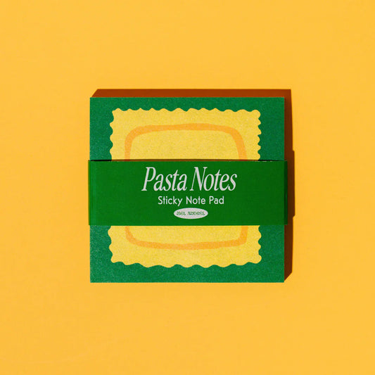 Pasta-shaped sticky notes in a green box on a yellow background