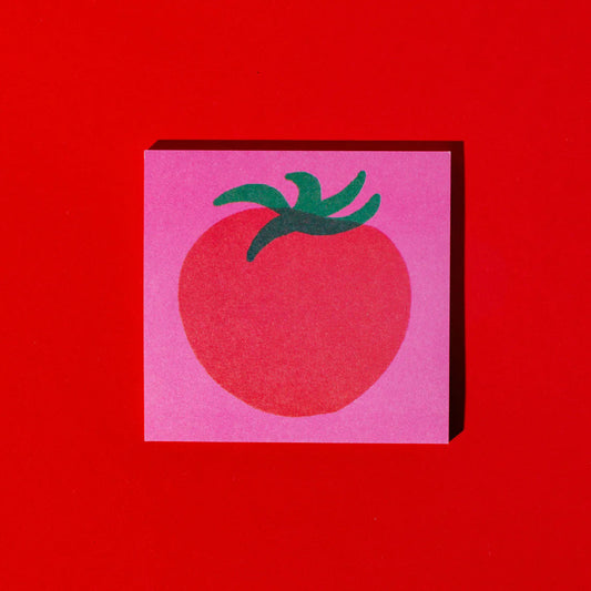 Square pink card with a red tomato illustration on a red background