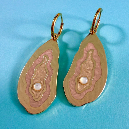 MackBecks Gold Oyster Earrings with pink  enamel details and a pearlescent cabochon.